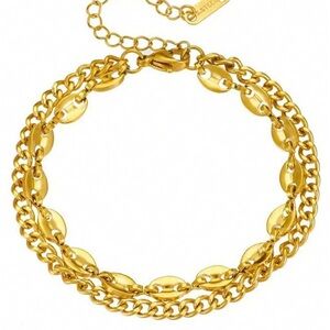 Gold plated stainless steel layered chain and mariner link bracelet